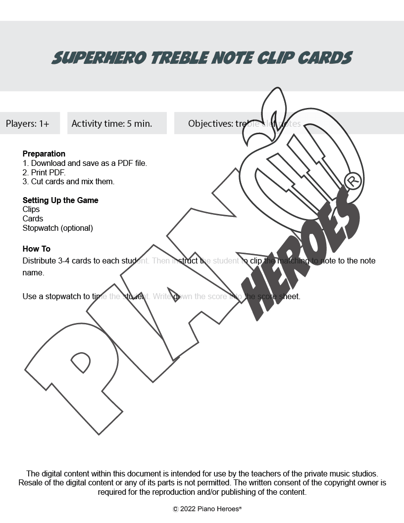 Superhero Treble Note Clip Cards